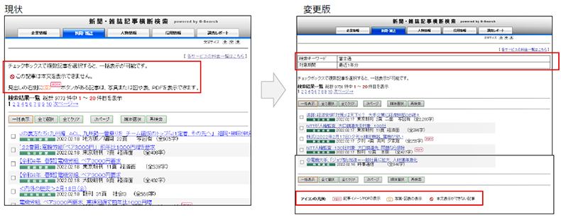 記事一覧表示画面で検索に利用したキーワード・期間が確認できるよう表示枠を新設しました